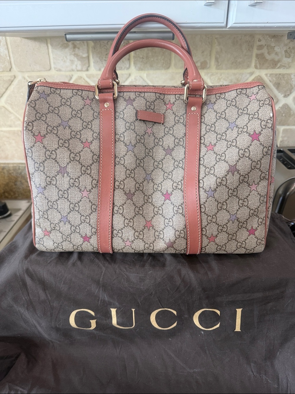 Gucci GG Supreme Star Canvas Limited editionTop-Handle Travel Bag leather trim